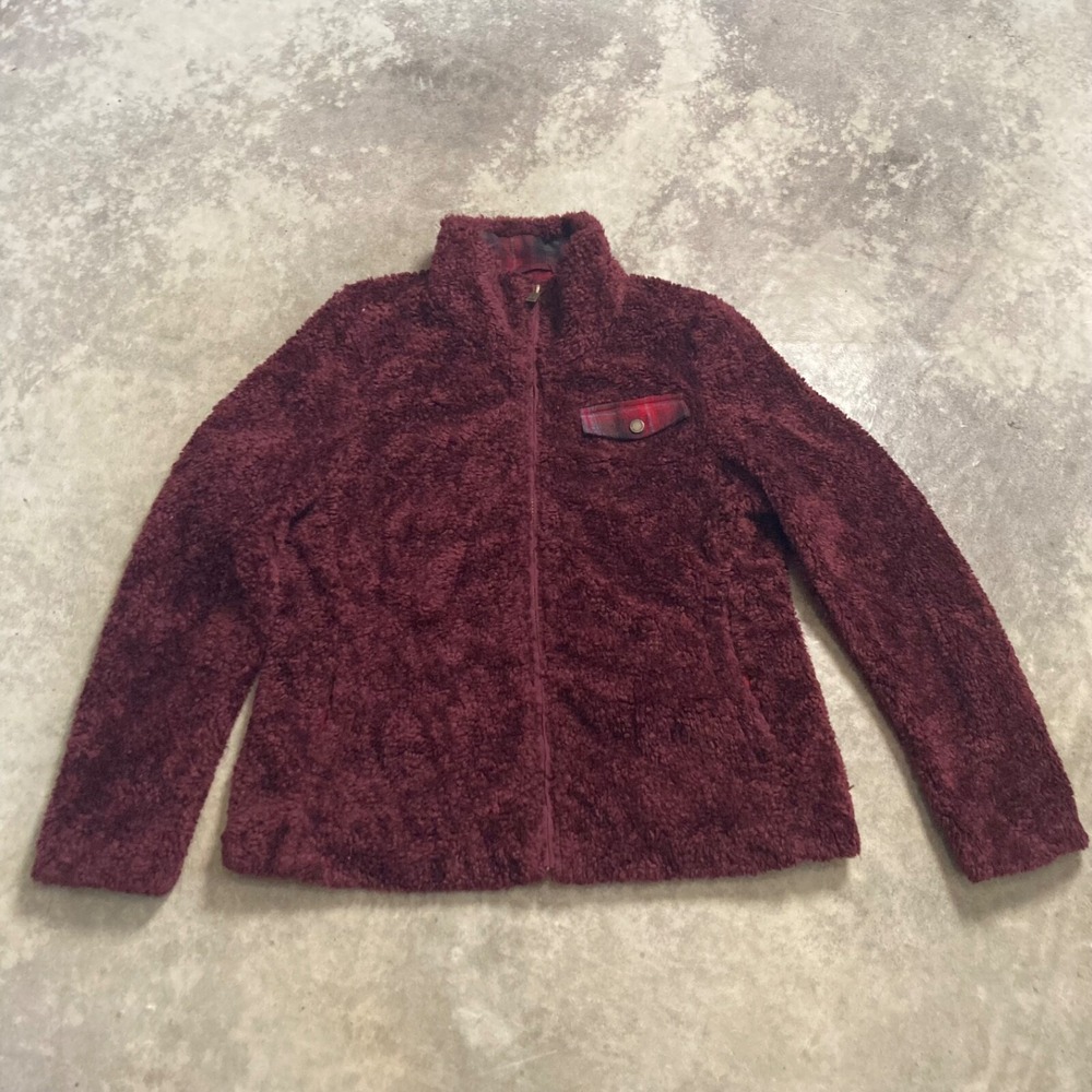 Pendleton Womens Large Deep Pile Sherpa Fleece Jacket Burgundy Plaid Full Zip